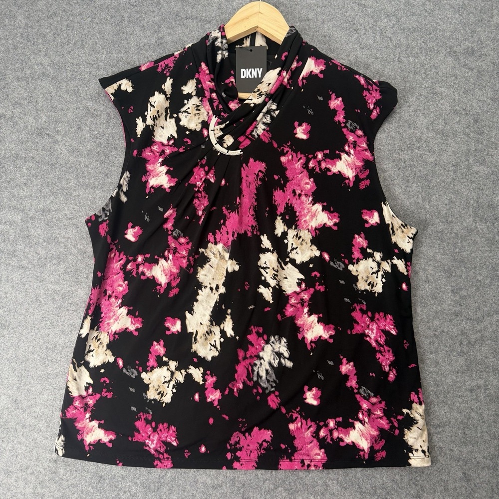 DKNY Womens Sleeveless Top Size XL Abstract Floral Print Black Pink Ring Detail